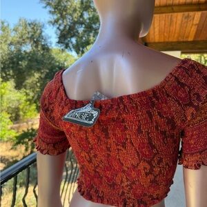 Angie Brand crop top Red rust Orange Textured smocked border print - run small